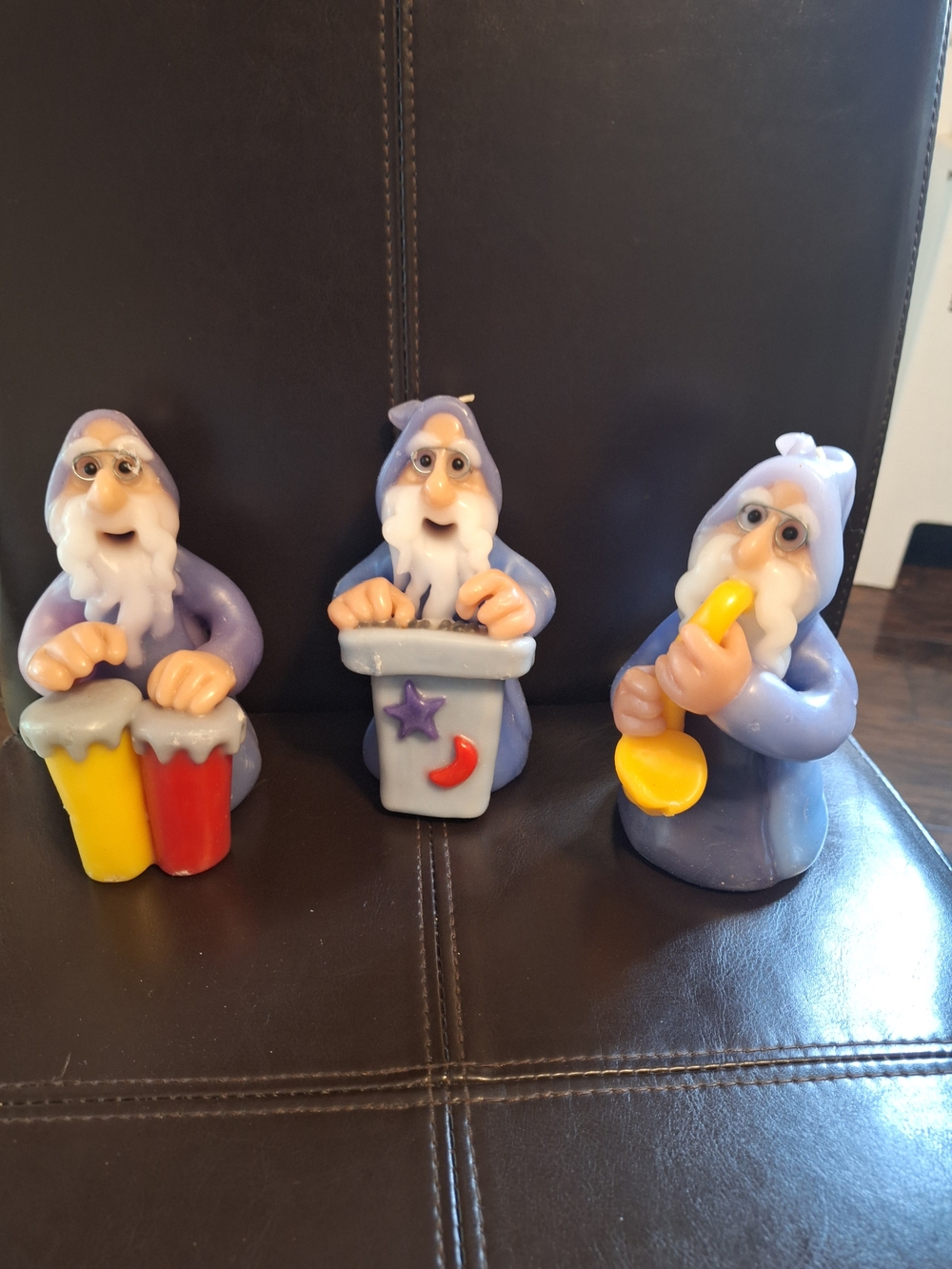 Purple Wizard Musician Figurine Candles In Wire Eye Glass. Set - 3 Piece
